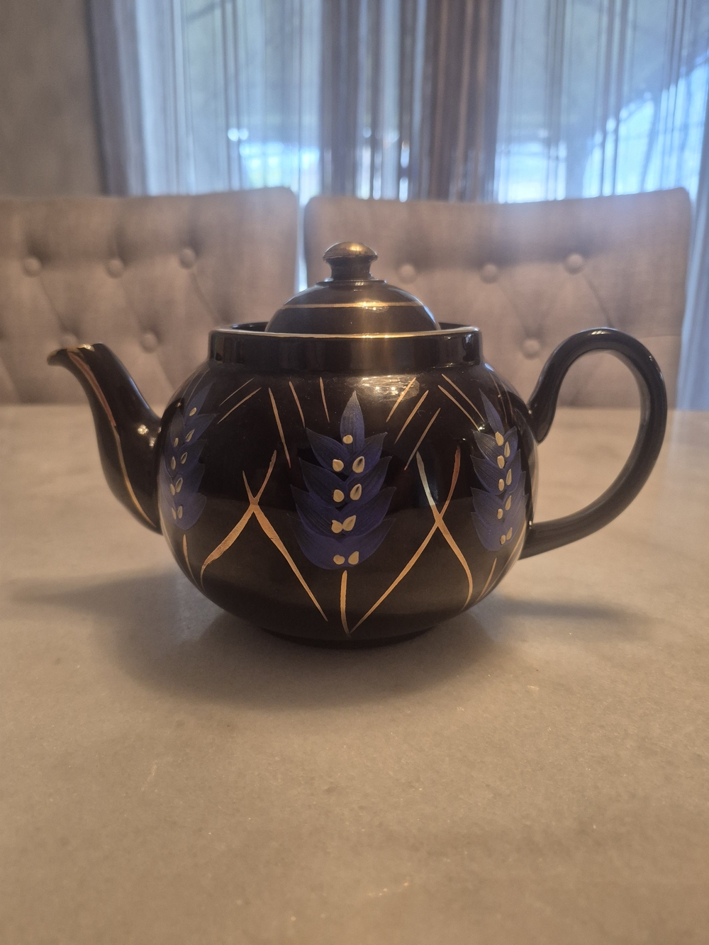 1940's English Teapot - Alcock Lindley & Bloore - Brown w Blue Wheat
